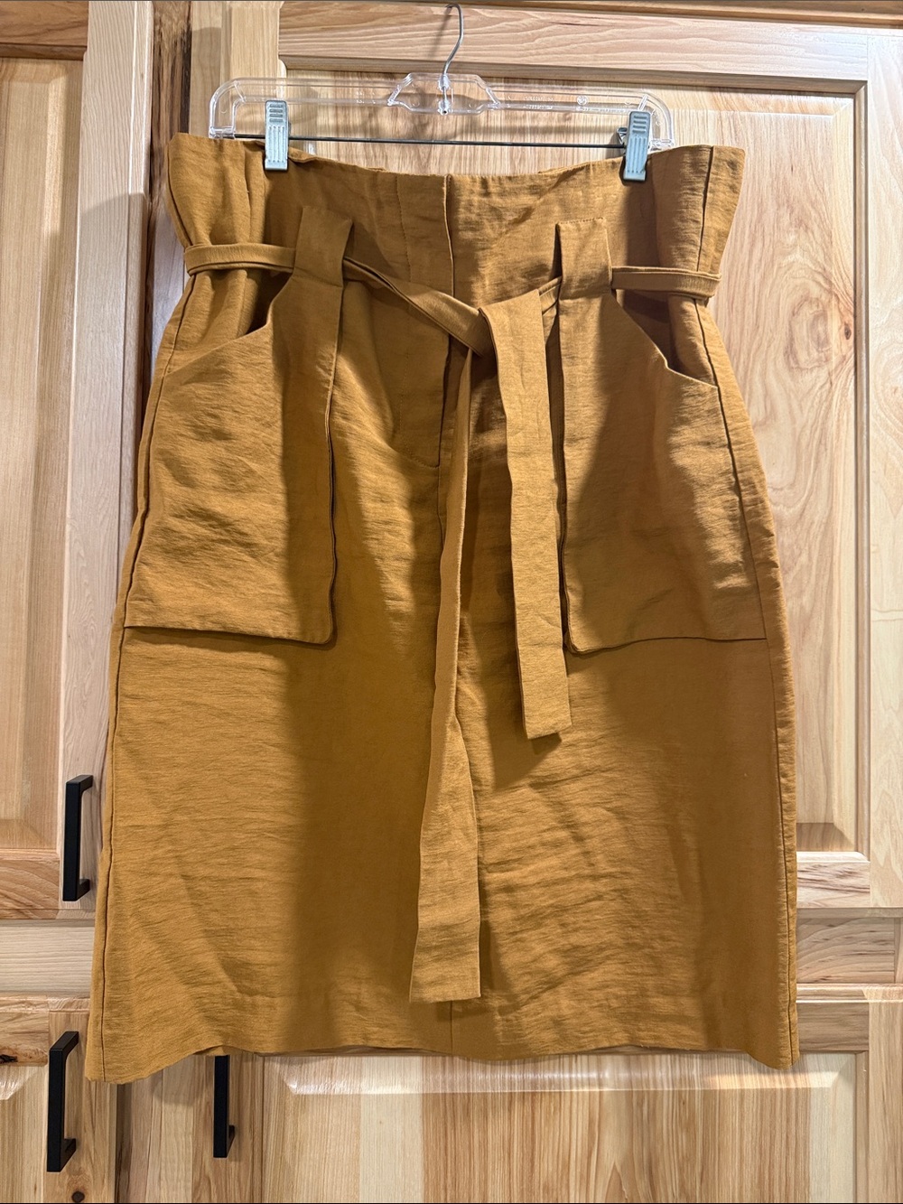 Tulip B Women's Size XL High-Waist Paperbag Belted Utility Skirt in Mustard Tan